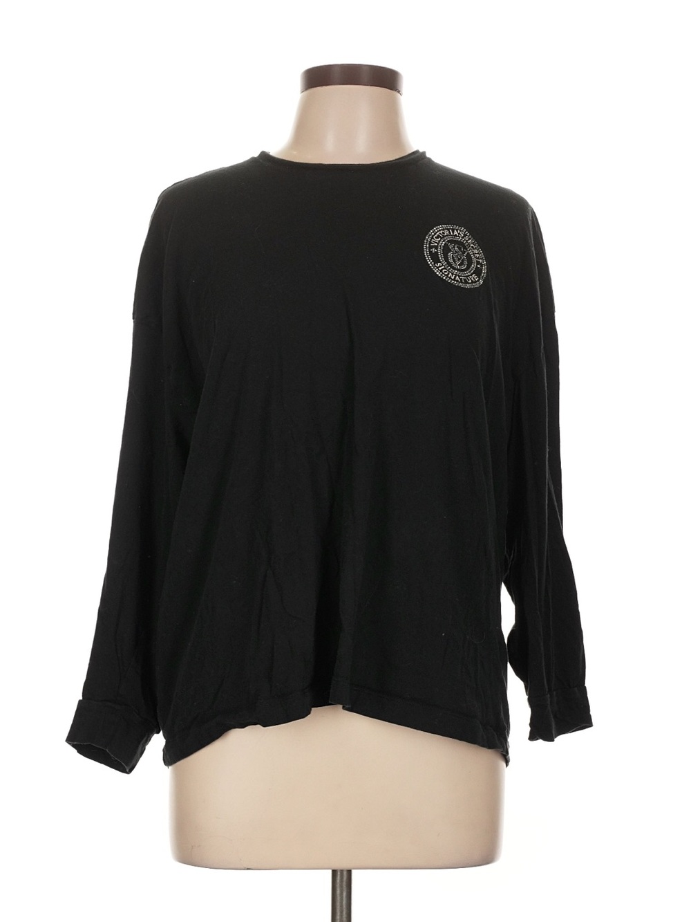 Victoria's Secret Black Long-Sleeve Rhinestone Logo Tee size L